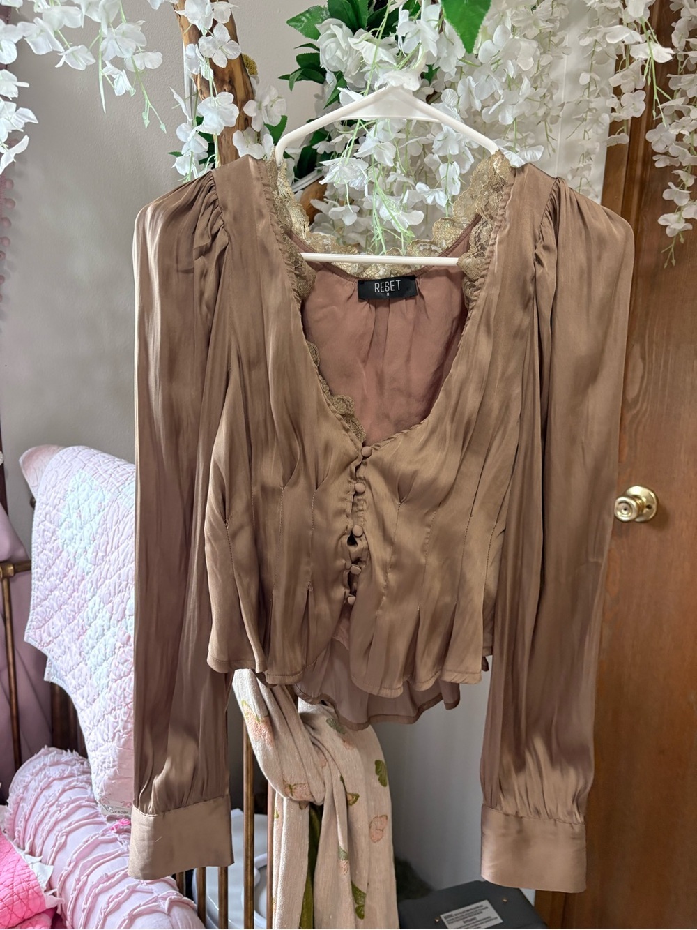 The Reset Brown Satin Lace-Trim Blouse